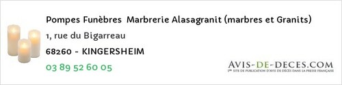 Avis de décès - Ungersheim - Pompes Funèbres Marbrerie Alasagranit (marbres et Granits)