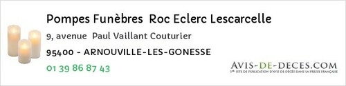 Avis de décès - Roissy-en-France - Pompes Funèbres Roc Eclerc Lescarcelle