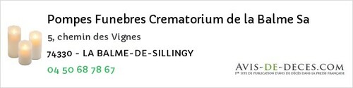 Avis de décès - Aviernoz - Pompes Funebres Crematorium de la Balme Sa