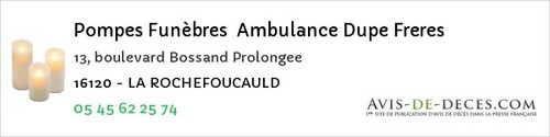 Avis de décès - Salles-de-Barbezieux - Pompes Funèbres Ambulance Dupe Freres