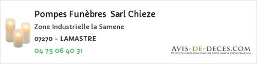 Avis de décès - Chomérac - Pompes Funèbres Sarl Chieze
