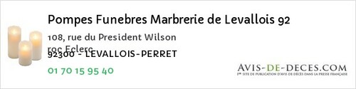 Avis de décès - Sèvres - Pompes Funebres Marbrerie de Levallois 92