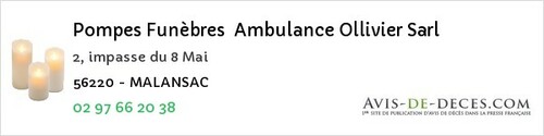 Avis de décès - Le Tour-Du-Parc - Pompes Funèbres Ambulance Ollivier Sarl