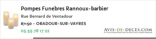 Avis de décès - Beaumont-du-Lac - Pompes Funebres Rannoux-barbier