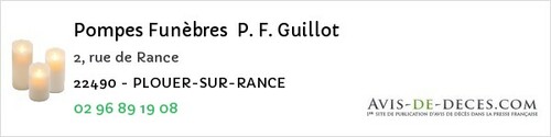 Avis de décès - Plorec-sur-Arguenon - Pompes Funèbres P. F. Guillot