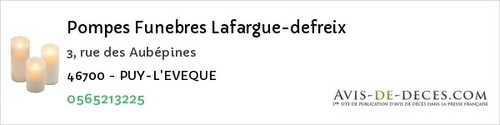 Avis de décès - Caniac-du-Causse - Pompes Funebres Lafargue-defreix