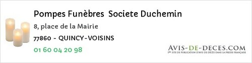 Avis de décès - Montigny-sur-Loing - Pompes Funèbres Societe Duchemin