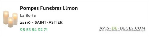 Avis de décès - La Chapelle-Montmoreau - Pompes Funebres Limon