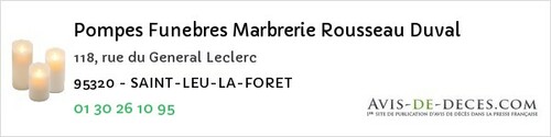 Avis de décès - Beaumont-sur-Oise - Pompes Funebres Marbrerie Rousseau Duval