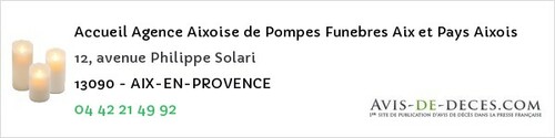 Avis de décès - Peynier - Accueil Agence Aixoise de Pompes Funebres Aix et Pays Aixois