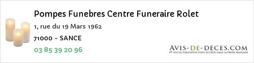 Avis de décès - Sens-sur-Seille - Pompes Funebres Centre Funeraire Rolet