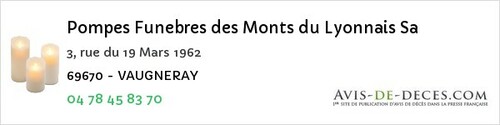 Avis de décès - Ternay - Pompes Funebres des Monts du Lyonnais Sa