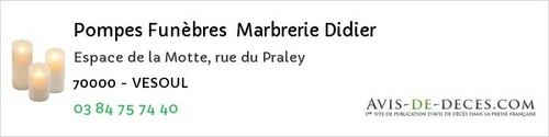 Avis de décès - Faucogney-Et-La-Mer - Pompes Funèbres Marbrerie Didier