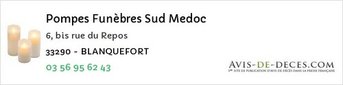 Avis de décès - Madirac - Pompes Funèbres Sud Medoc