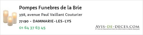 Avis de décès - Dampmart - Pompes Funebres de la Brie