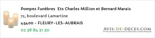 Avis de décès - Vannes-sur-Cosson - Pompes Funèbres Ets Charles Million et Bernard Marais