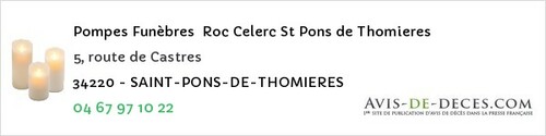 Avis de décès - Jacou - Pompes Funèbres Roc Celerc St Pons de Thomieres