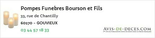 Avis de décès - Gouvieux - Pompes Funebres Bourson et Fils