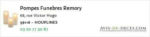 Avis de décès - Houplin-Ancoisne - Pompes Funebres Remory