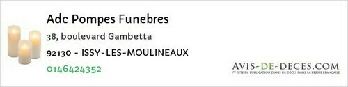 Avis de décès - Issy-les-Moulineaux - Adc Pompes Funebres