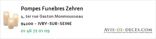 Avis de décès - Ivry-sur-Seine - Pompes Funebres Zehren