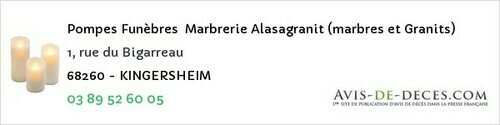 Avis de décès - Beblenheim - Pompes Funèbres Marbrerie Alasagranit (marbres et Granits)