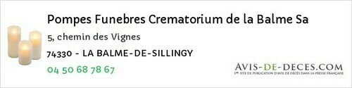 Avis de décès - La Balme-De-Sillingy - Pompes Funebres Crematorium de la Balme Sa