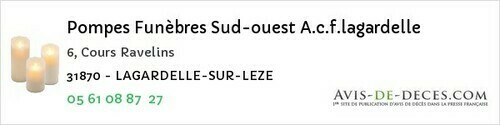 Avis de décès - Miramont-de-Comminges - Pompes Funèbres Sud-ouest A.c.f.lagardelle