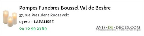 Avis de décès - Cognat-Lyonne - Pompes Funebres Boussel Val de Besbre