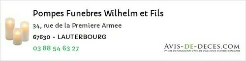 Avis de décès - Wasselonne - Pompes Funebres Wilhelm et Fils