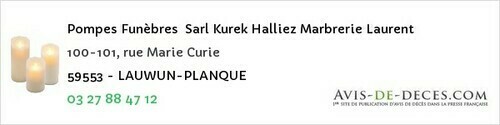 Avis de décès - Montigny-en-Ostrevent - Pompes Funèbres Sarl Kurek Halliez Marbrerie Laurent