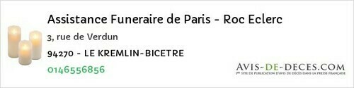 Avis de décès - Le Kremlin-Bicêtre - Assistance Funeraire de Paris - Roc Eclerc