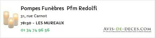 Avis de décès - Morainvilliers - Pompes Funèbres Pfm Redolfi