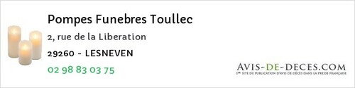Avis de décès - Tréflaouénan - Pompes Funebres Toullec