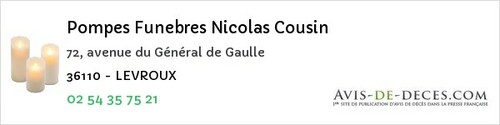 Avis de décès - Saint-Michel-En-Brenne - Pompes Funebres Nicolas Cousin
