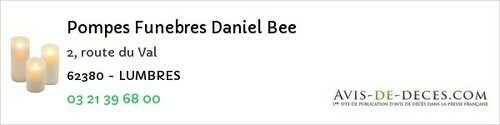 Avis de décès - Lumbres - Pompes Funebres Daniel Bee