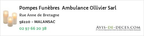 Avis de décès - Damgan - Pompes Funèbres Ambulance Ollivier Sarl