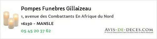 Avis de décès - Angeac-Champagne - Pompes Funebres Gillaizeau