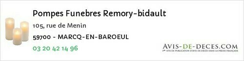 Avis de décès - Vendeville - Pompes Funebres Remory-bidault