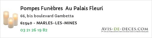 Avis de décès - Marles Les Mines - Pompes Funèbres Au Palais Fleuri