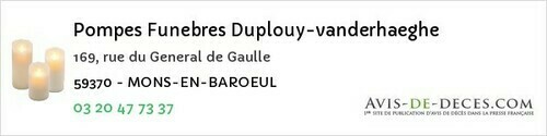 Avis de décès - Masny - Pompes Funebres Duplouy-vanderhaeghe