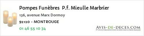 Avis de décès - La Garenne-Colombes - Pompes Funèbres P.f. Mieulle Marbrier