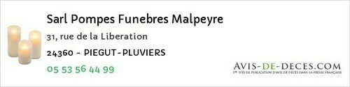 Avis de décès - Savignac-les-Églises - Sarl Pompes Funebres Malpeyre