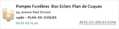 Avis de décès - Ventabren - Pompes Funèbres Roc Eclerc Plan de Cuques