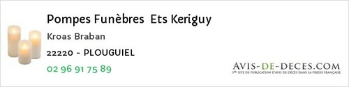 Avis de décès - Saint-Adrien - Pompes Funèbres Ets Keriguy