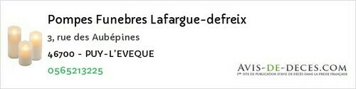 Avis de décès - Crégols - Pompes Funebres Lafargue-defreix