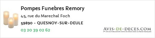 Avis de décès - Quesnoy Sur Deule - Pompes Funebres Remory
