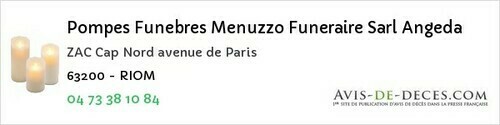 Avis de décès - Courpière - Pompes Funebres Menuzzo Funeraire Sarl Angeda