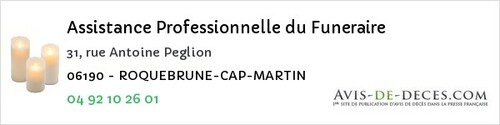 Avis de décès - Roquebrune-cap-Martin - Assistance Professionnelle du Funeraire