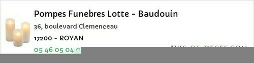 Avis de décès - Villeneuve-la-Comtesse - Pompes Funebres Lotte - Baudouin